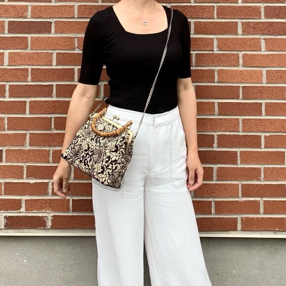 Handmade Real hair-on-horsehide Black Lace Printed Metal Frame Bamboo Handle Bag - Picture 6 of 16